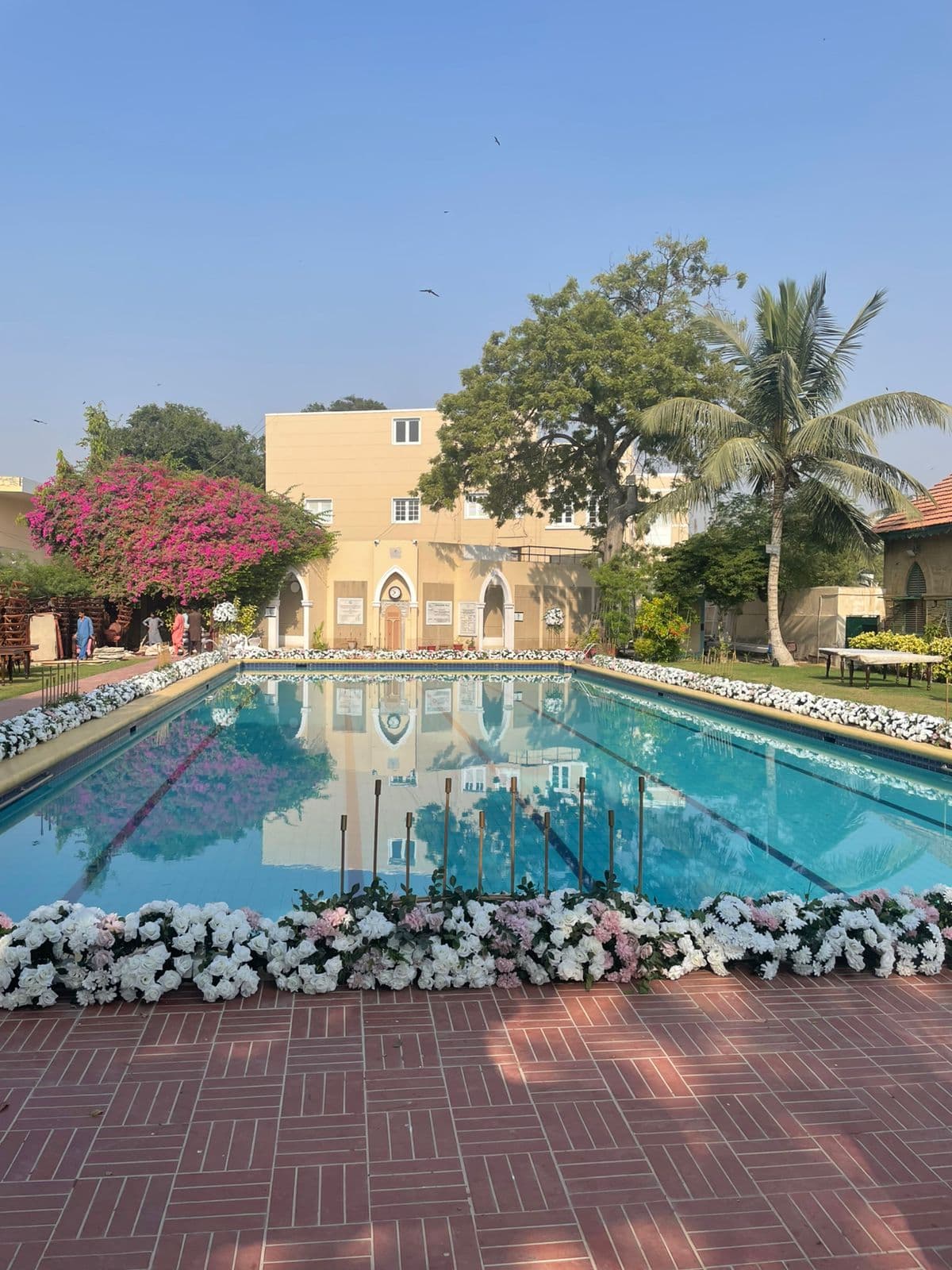 A large swimming pool surrounded by vibrant flowers in a sunny outdoor setting.